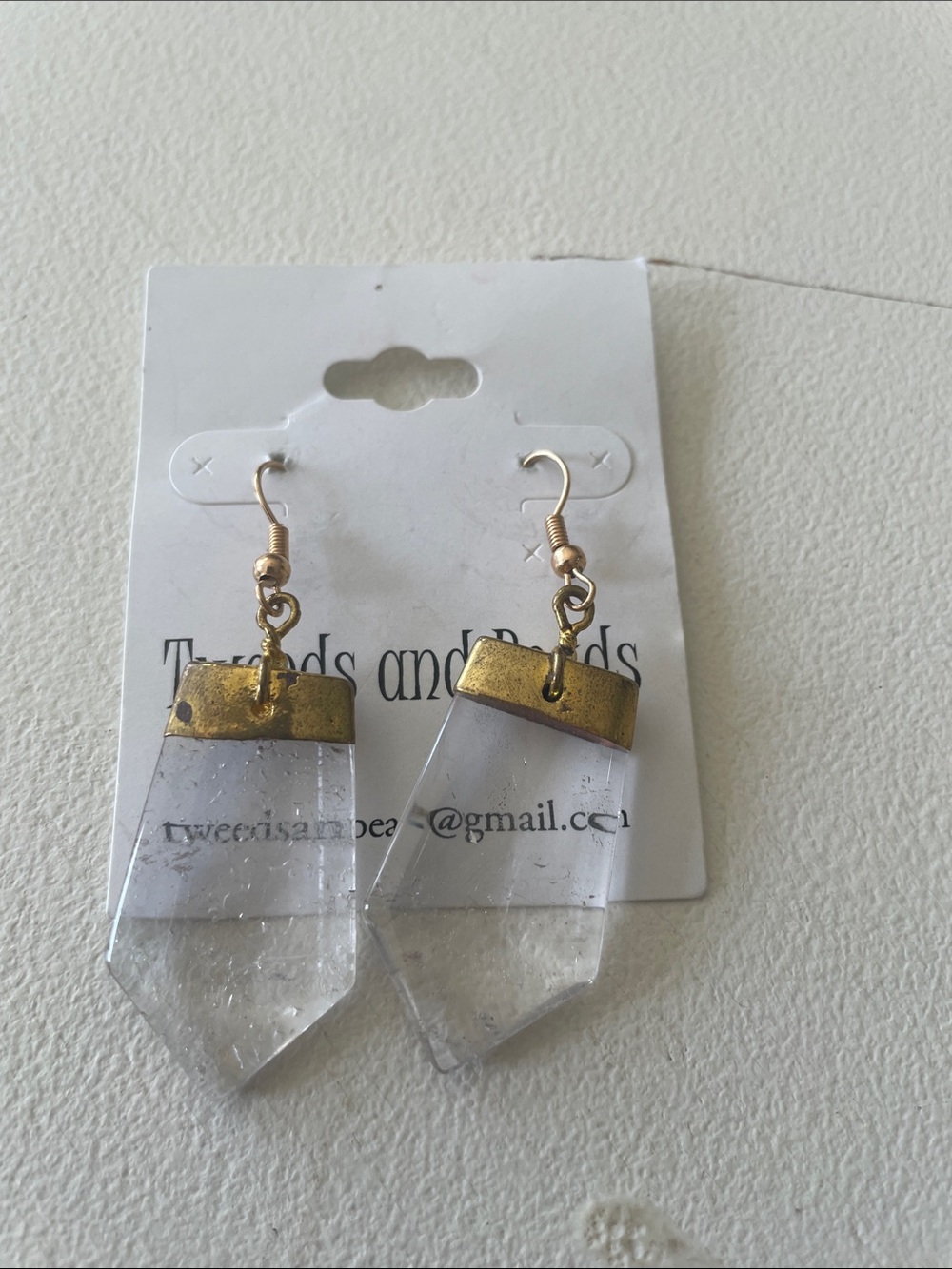 Tweeds Clear Crystal Point Dangle Earrings with Gold Caps